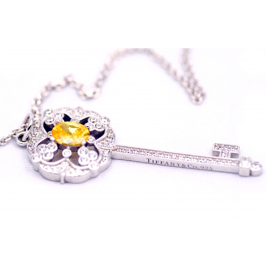 Подвеска серебряная Tiffany большой белый ключ желтый камень камни swarovski