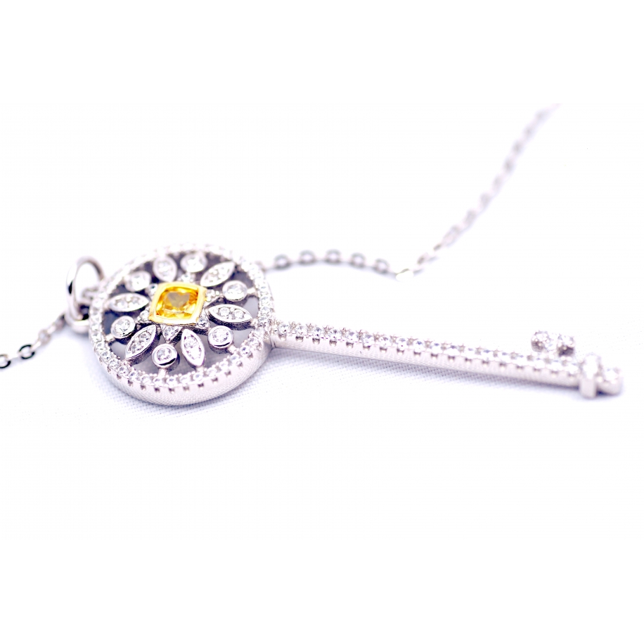 Подвеска серебряная Tiffany большой белый ключ желтый камень камни swarovski