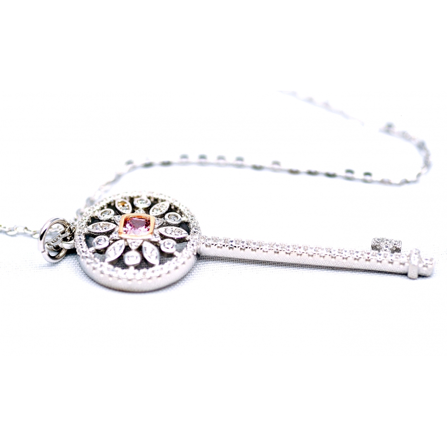 Подвеска серебряная Tiffany большой белый ключ розовый камень камни swarovski