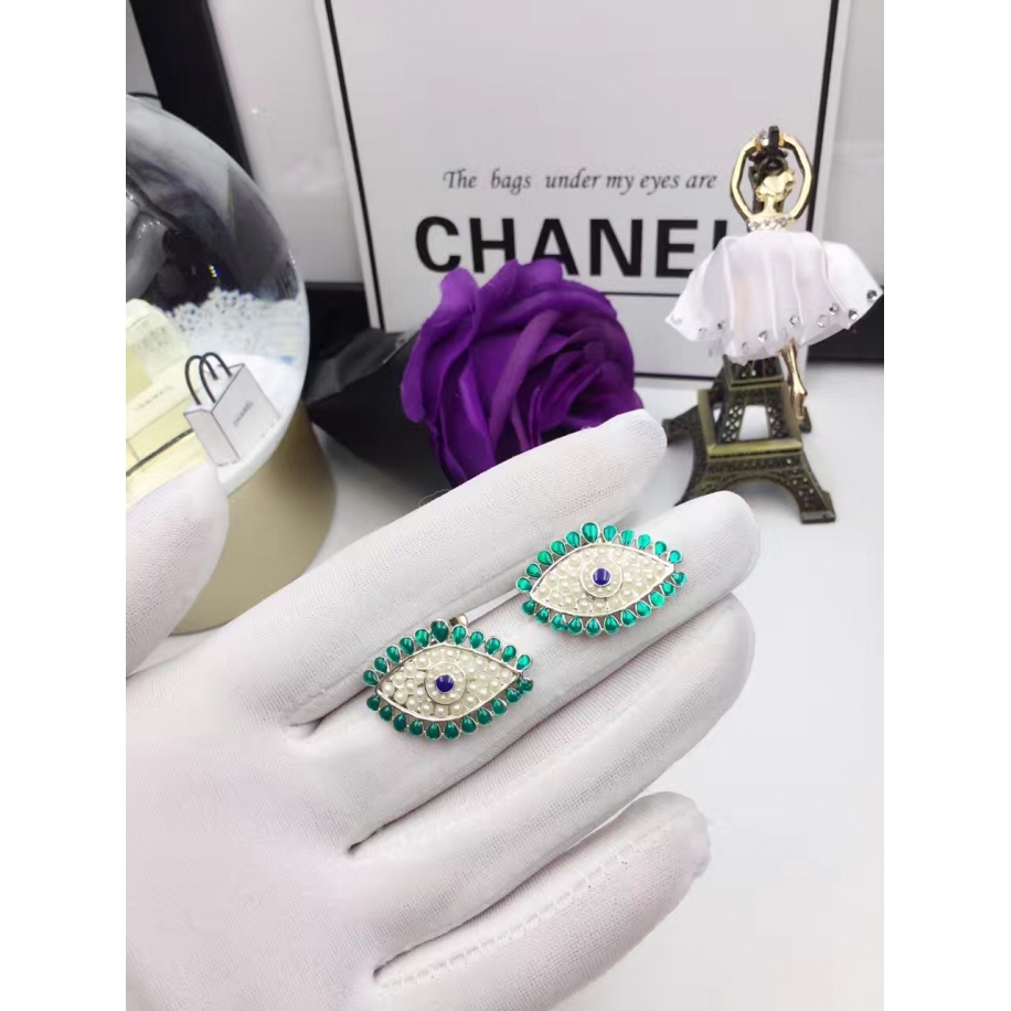 Зеленые Серьги Chanel глаз зеленая эмаль жемчужинки