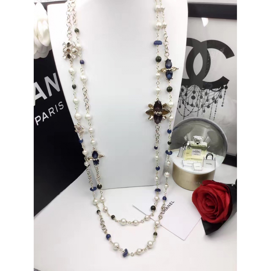 Золотое Колье Chanel длинное синие камни