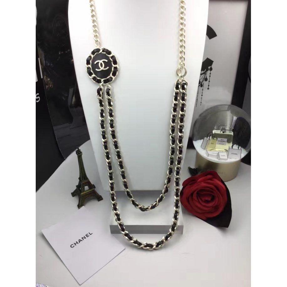 Черная Колье Chanel цепь значок черная кожа