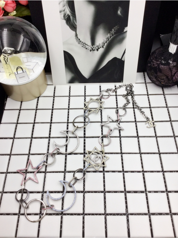 Колье Chanel Белое Звезды - Месяц Разноцветные Камни