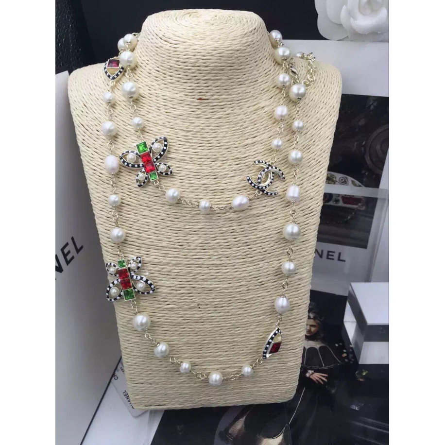 Золотое колье Chanel жемчужинки разноцветные камни